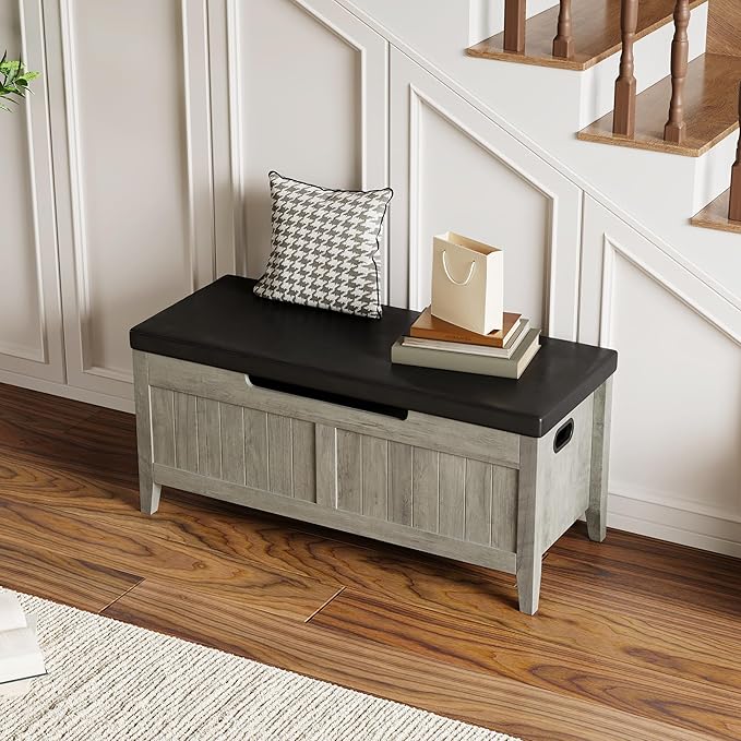 GAOMON Storage Bench with Padded Seat, 39.4” Wooden Chest Storage Box with 2 - Image 6
