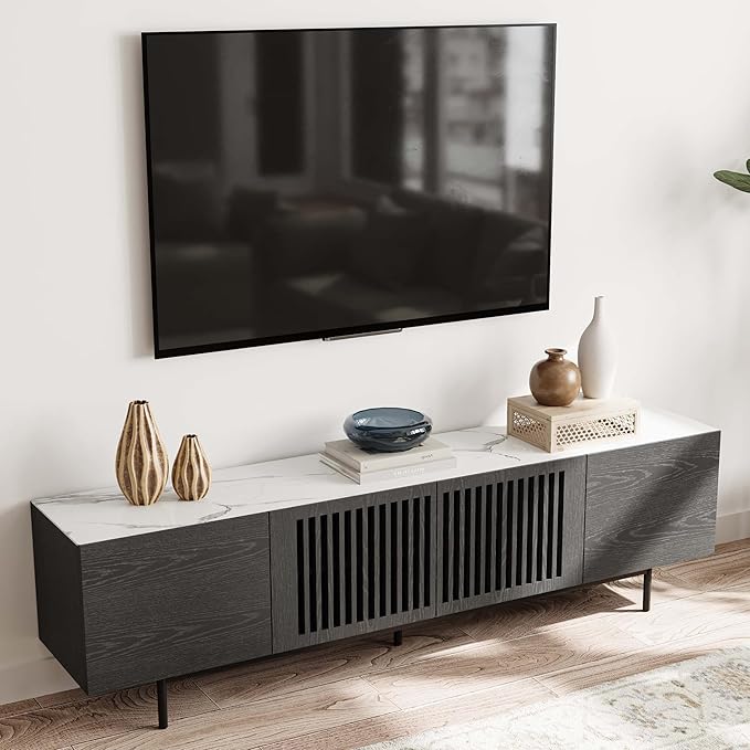 POVISON Mid Century Modern Sintered Stone TV Stand, Slatted Media Console TV by POVISON