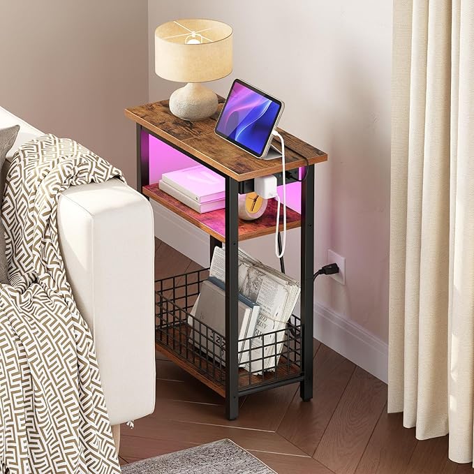 HOOBRO Narrow Side Table with Charging Station and LED Light, Small End Table - Image 4