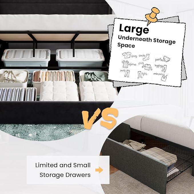 SHA CERLIN King Size Lift Up Storage Bed/Velvet Upholstered/Modern Wingback - Image 4