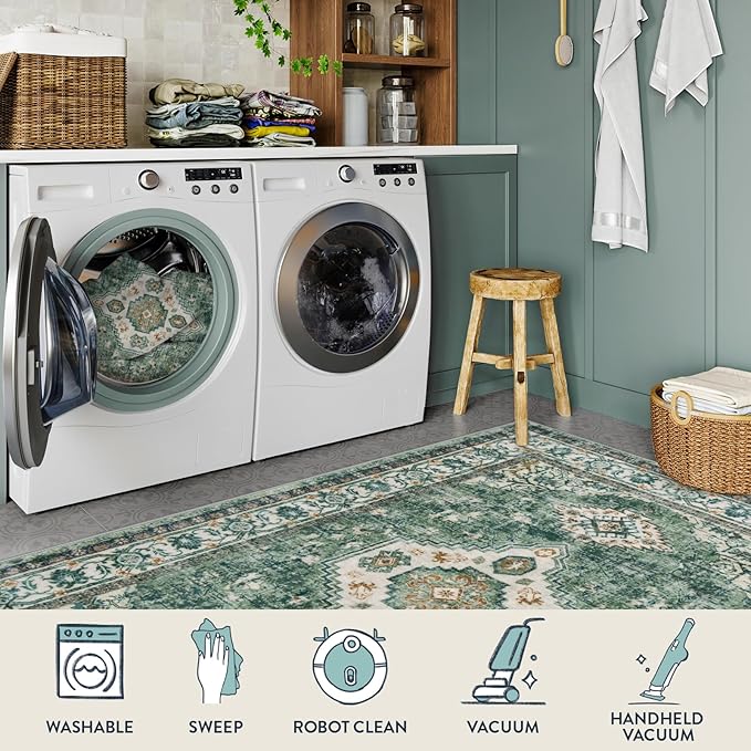 Lahome Oriental Machine Washable Rug, 3x5 Soft Green Rugs - Image 3