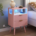 Pink Nightstand with Charging Station and LED Lights, Modern Bedside Table with by JOONEE