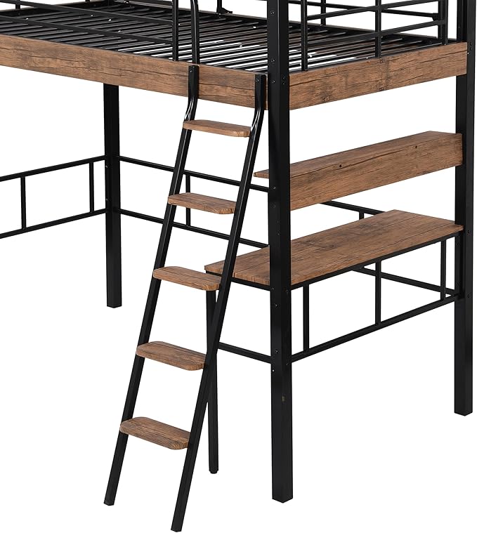 Metal Twin Size Loft Bed with Built-in Desk, Storage Shelf and Ladder, - Image 5