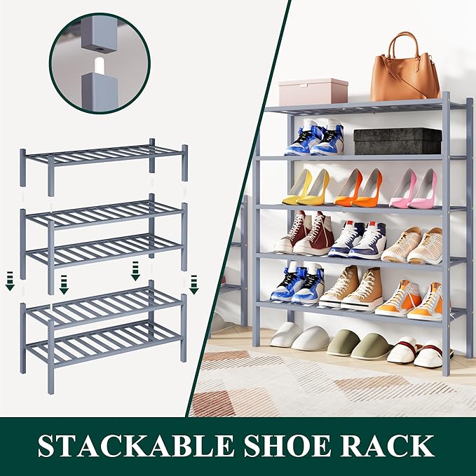 Smiry Shoe Rack, 2 Tier Bamboo Shoe Organizer, Stackable Free Standing Wooden - Image 4