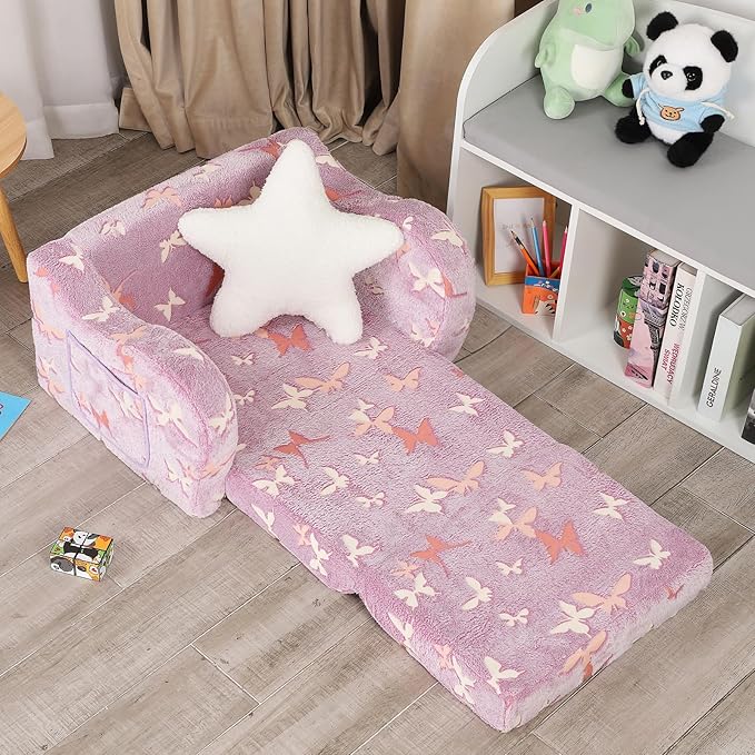 Butterfly Glow in The Dark Toddler Couch, 2-in-1 Toddler Soft Couch Fold Out - Image 5