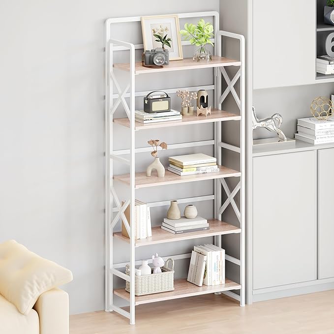No Assembly Folding Bookshelf, 5 Tiers Vintage Wood Collapsible Book Shelf - Image 4