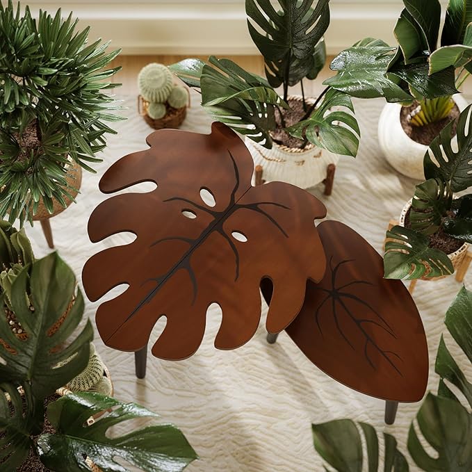 BAMEOS Monstera Leaf Nesting Tables Set of 2, Small Coffee Table Set - Image 7