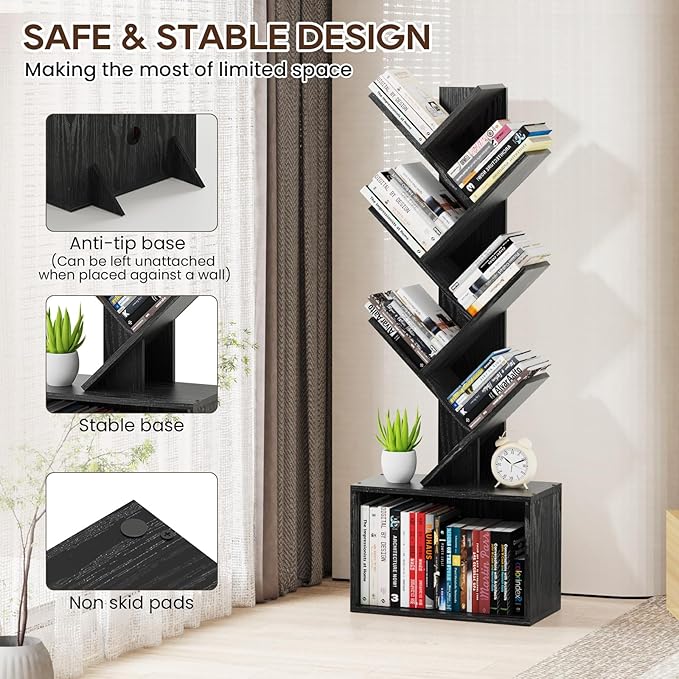 6 Tier Tree Bookshelf, Sturdy Retro Floor Standing Wood Bookcase, Storage Rack - Image 5