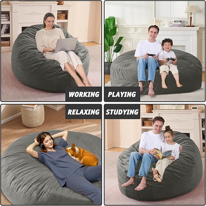 7FT Bean Bag Chair with Ultra Soft Velvet Cover Bean Bag Sofa with Memory Foam - Image 6