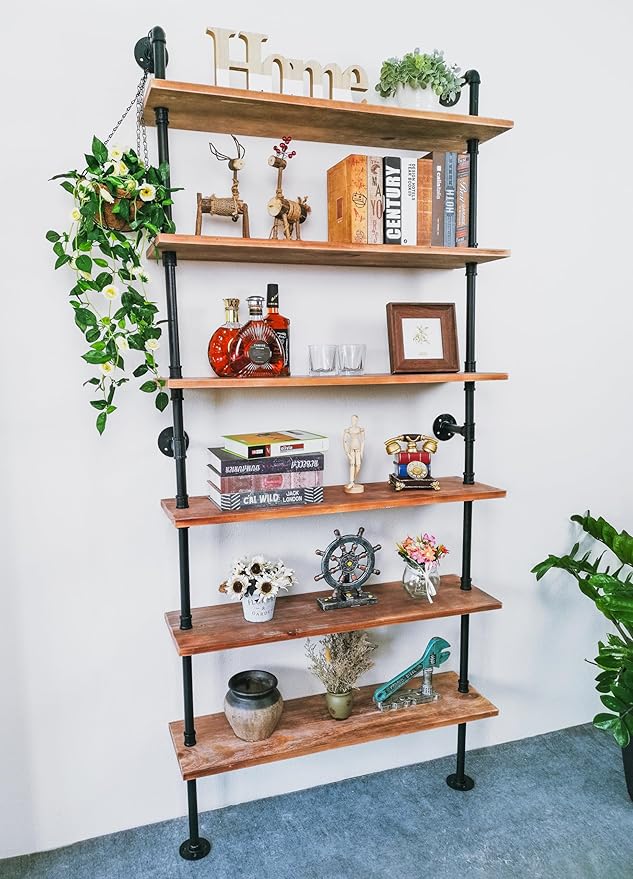 6 Tier Industrial Ladder Pipe Shelf Bookcase, Rustic Wall Mounted Pipe - Image 11