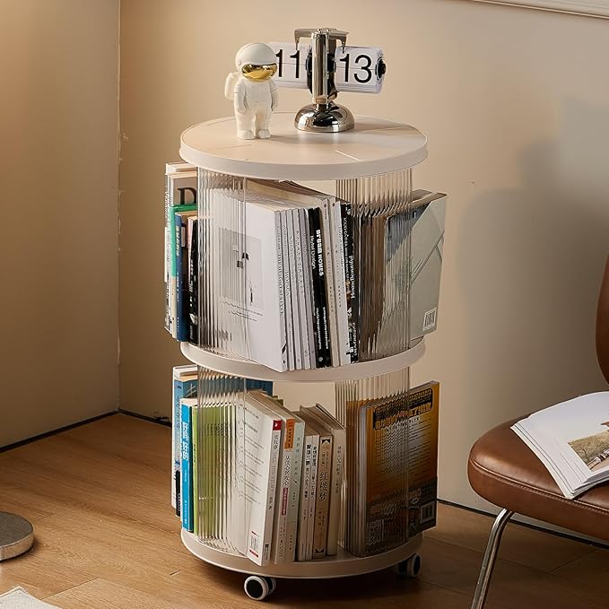 Rotating Bookshelf, 360°Display Spinning Bookshelf, 2 Tiers Moveable White - Image 9