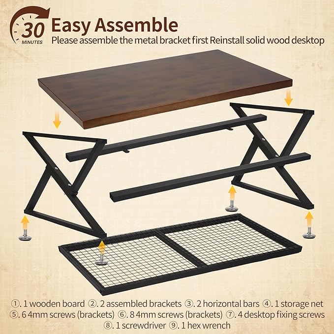 EASYSOUL Coffee Table with Storage Shelf, Solid Wood Top with Black Metal - Image 4
