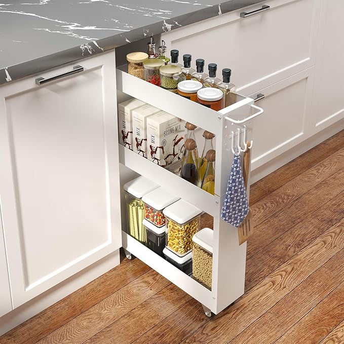 Slim Storage Cart, 5 in Width, 3-Tier White Rolling Cart by XYZLVSI