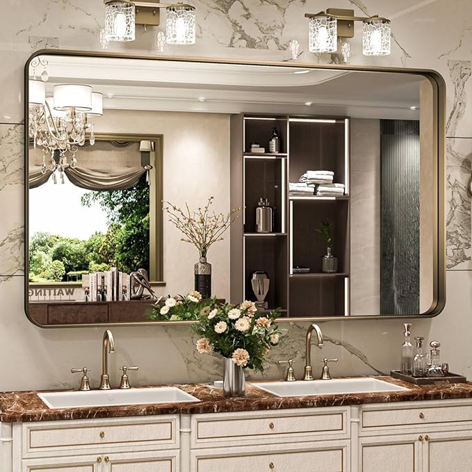 Bronze Bathroom Mirror 60x36 Inch, Brushed Bronze Metal Frame Mirror by JISOSO