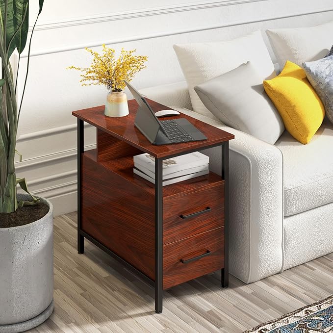Narrow Side Tables with Charging Station, Narrow End Table with Wooden Drawers - Image 2