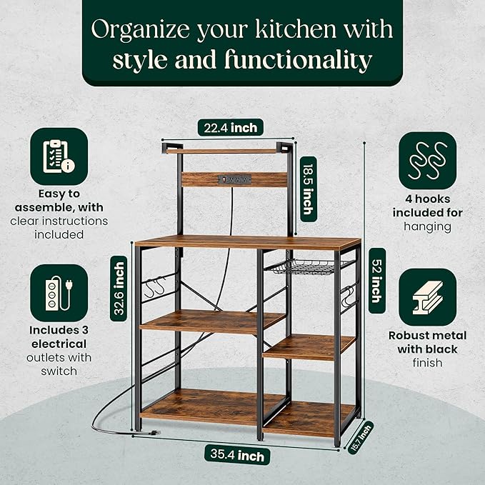 Kitchen Bakers Rack with Power Outlet & Hangers - Image 2