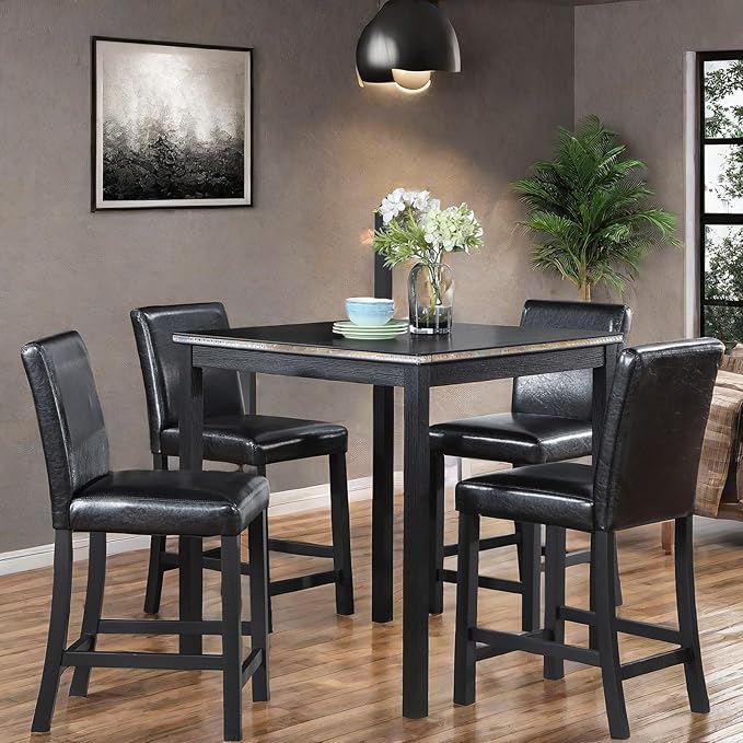 5PCS Wooden Counter Height Table Set, Square Table and 4 Upholstered Chairs - Image 4