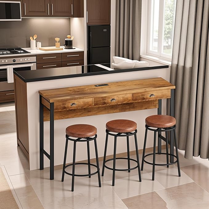KEIKI 60.24” Long Bar High Top Dining Table and 3 Stools Chairs Set - Image 3