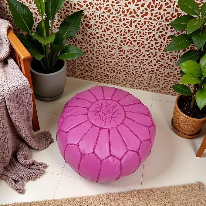 Stuffed Round Design Moroccan Leather Pouf Ottoman, Pre-Filled, 100% Genuine - Image 4