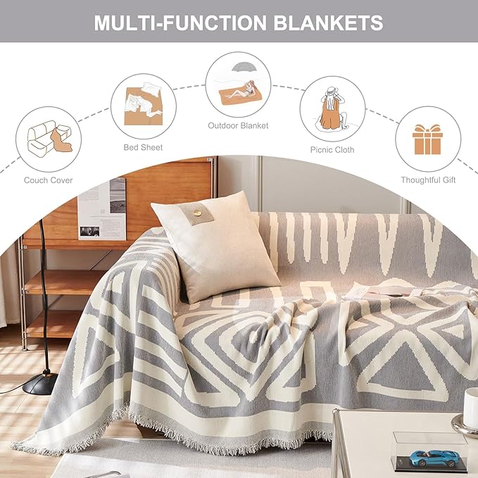 STACYPIK Boho Geometric Sofa Cover Chenille Gray White Cream Triangle Couch - Image 7