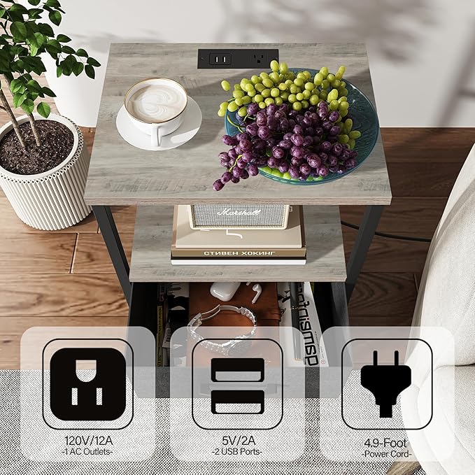 TUTOTAK End Table with Charging Station, Side Table with 2 USB Ports and Outlets - Image 4