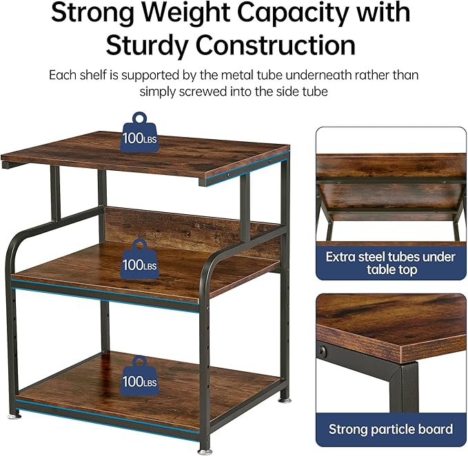 Large Printer Stand with Adjustable Storage Shelf, 3 Tier Printer Cart with - Image 3