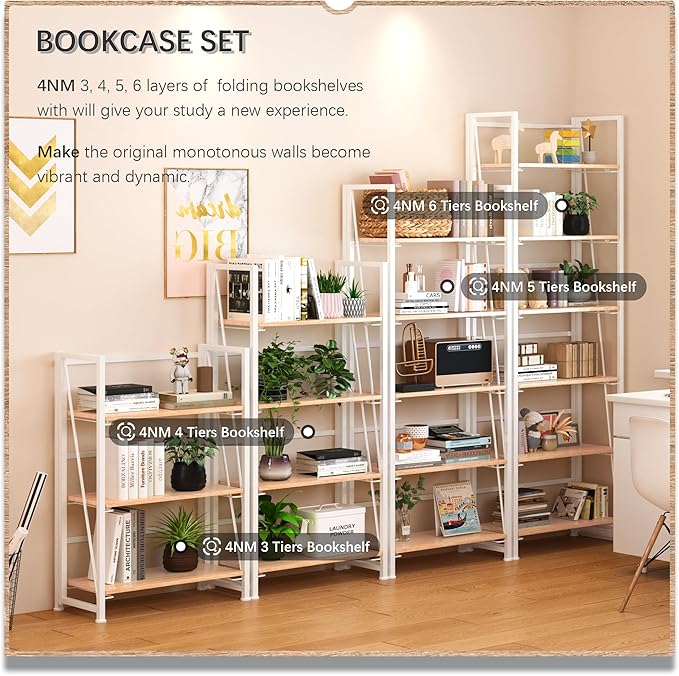 4NM No Assembly Folding Bookshelf, 6-Shelf 74" H Collapsible Foldable Bookcase - Image 5