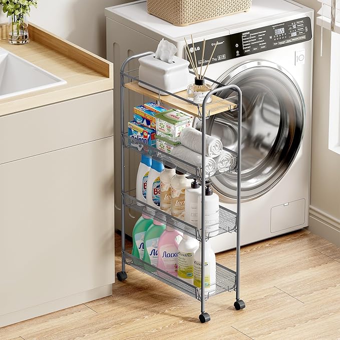KINGRACK Metal Slim Rolling Cart, 4-Tier Metal Utility Cart, Storage Cart - Image 5