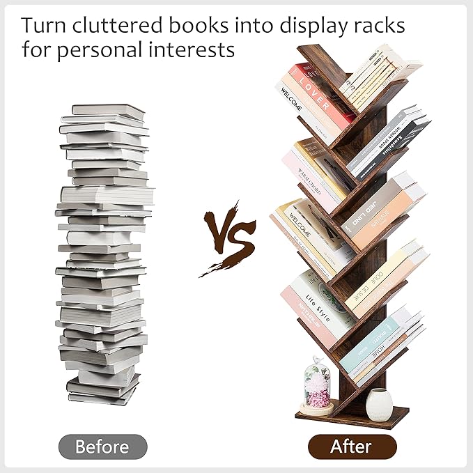 Hoctieon 10 Tier Tree Bookshelf, 10 Shelf Bookcase, Free Standing Tree Bookcase - Image 9