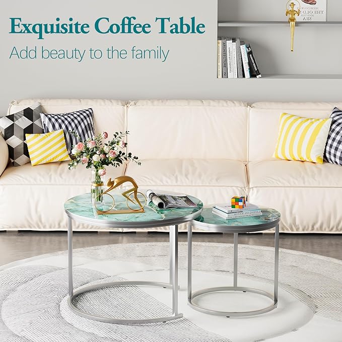 aboxoo Coffee Table Nesting Side Round Set of 2 End Table Green Art Table Top - Image 8