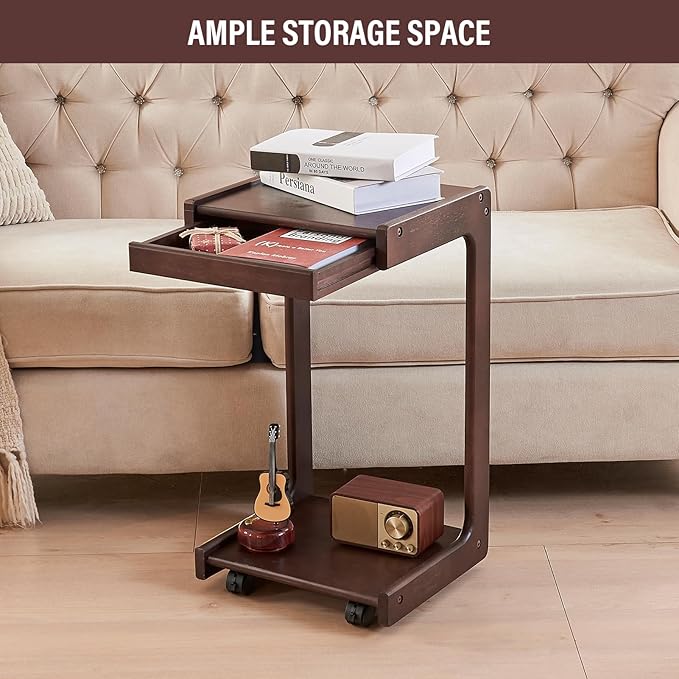 CozyDH C Shaped Solid Wood End Table, Rolling Side Table TV Sofa Tray Table - Image 5