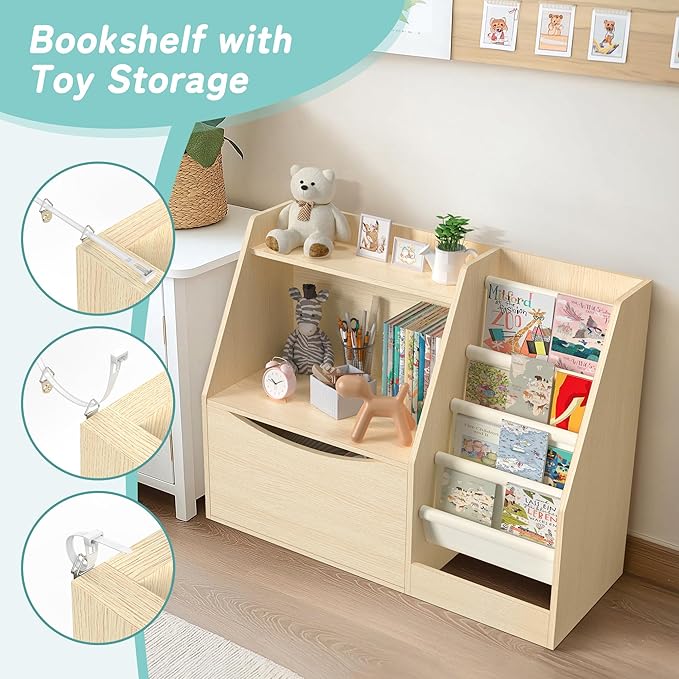 TOETOL 2 Tier Kids Bookshelf and Book Storage，4 Sling Toddler Bookshelf - Image 4