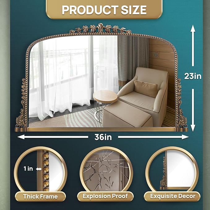 36"x23" Vintage Baroque Arched Wall Mirror, Ornate Antique Brass Wood Frame - Image 4