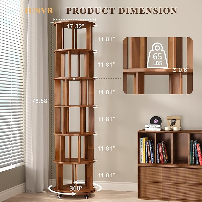 6 Tier Bookshelf Tower, 360° Solid Wood Spinning Bookcase - Image 2