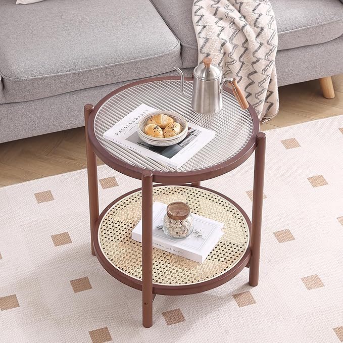 Tiita Rattan Coffee Table, Round End Table, 2-Tier Modern Side Table, Small - Image 7