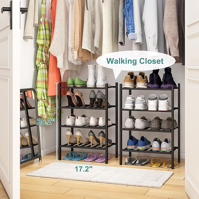 Black Small Shoe Rack for Entryway, 4-Tier Bamboo Shoe Organizer for Hallway - Image 5