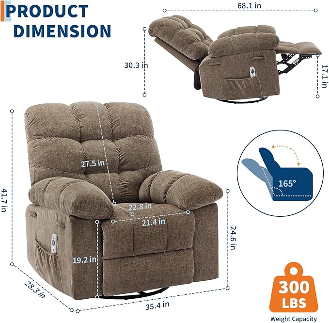 Rocking Recliner Chair with Vibration Massage & Heat, 360° Swivel Oversized - Image 3