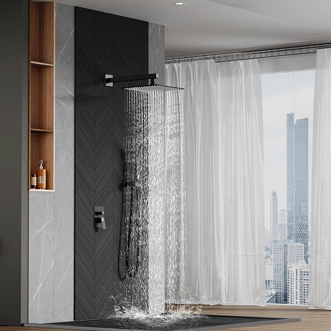 SR SUN RISE Black Square Rainfall Shower Head and Handle Set, Wall Mounted - Image 11
