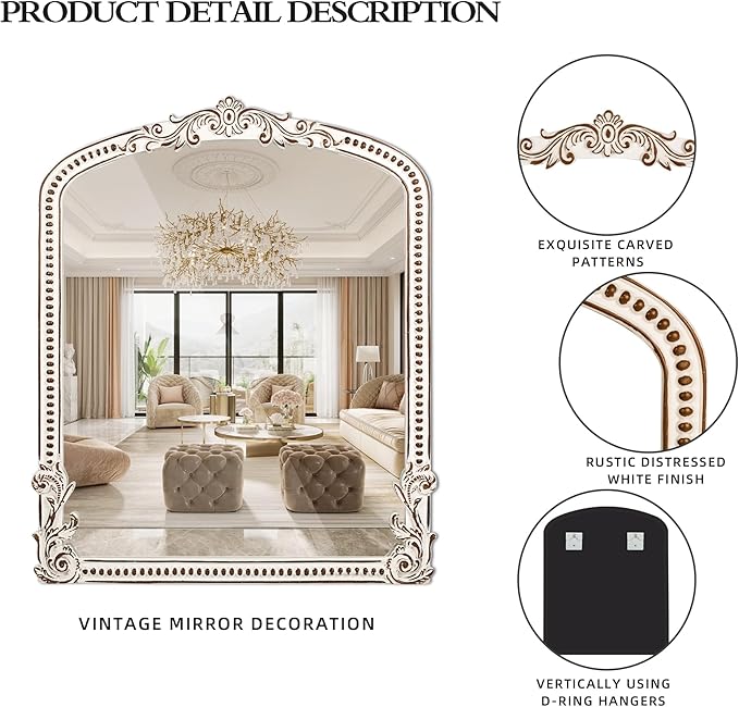 30x35 Inch Baroque Farmhouse Arched Wall Mirror Wooden, Rustic Distressed - Image 5