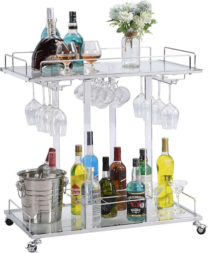 Silver Bar Cart for Home Bar Chrome Serving Cart - Image 8