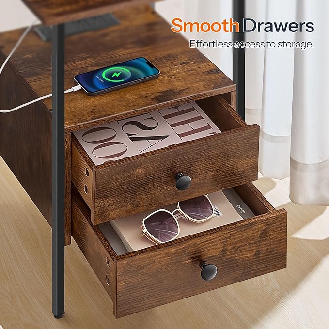 HOOBRO End Table with Charging Station, Bedside Table with 2 Drawer & USB Port - Image 7