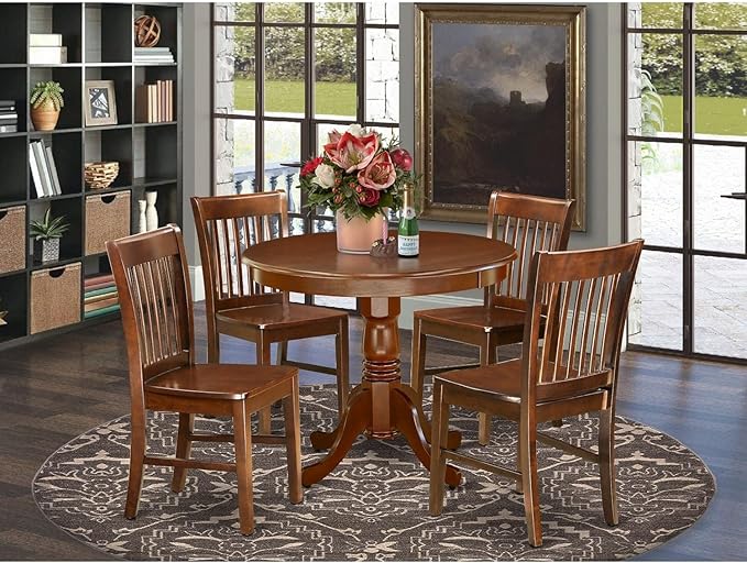 East West Furniture ANNO5-MAH-W 5 Piece Dining Set Includes a Round Dining Room - Image 2