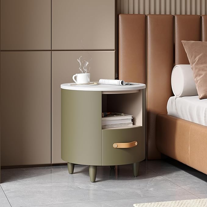 Merax Round Nightstand with Storage Drawer, MDF Contemporary Modern Bedside by Merax