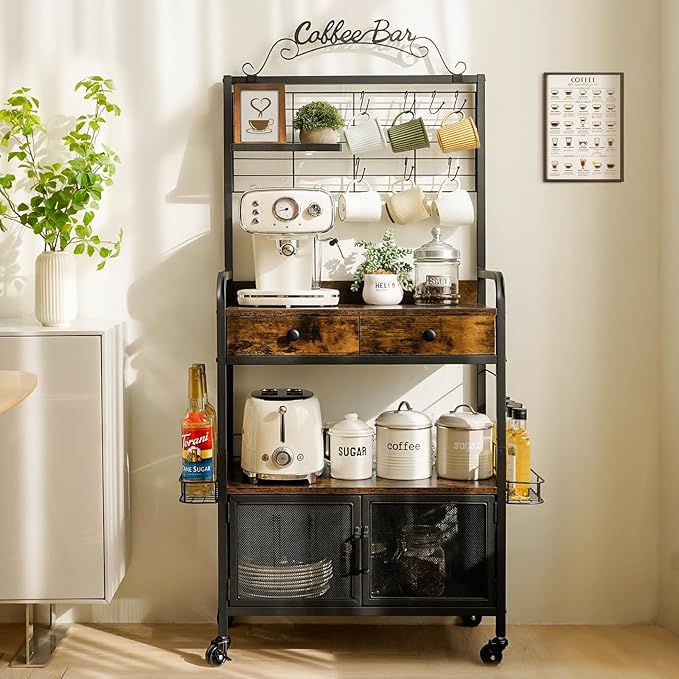 Coffee Bar Cart with Wheels, Coffee Bar Table, Kitchen Coffee Bar Cabinet with by Filano