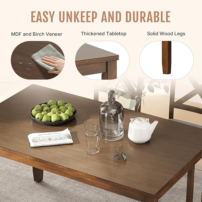 6-Piece Solid Wood Dining Table Set, Including 1 Dining Table, 4 Upholstered - Image 3