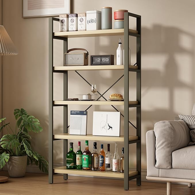 Real Solid Wood Rustic Vintage Industrial Etagere Bookshelf, Metal & Timber by WH-AOERPUMY