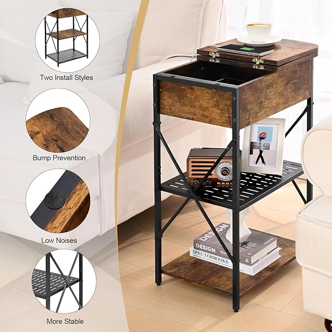 Narrow Side Table with Charging Station, End Tables Set of 2 - Image 6