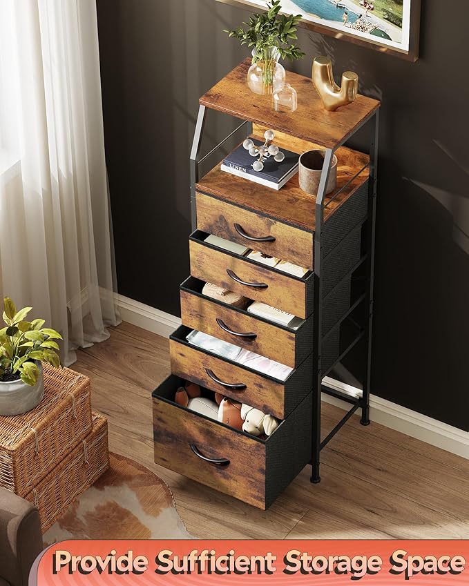 WLIVE Tall Night Stand with 5 Fabric Drawers, Bedroom Nightstand with 5 Drawers - Image 2