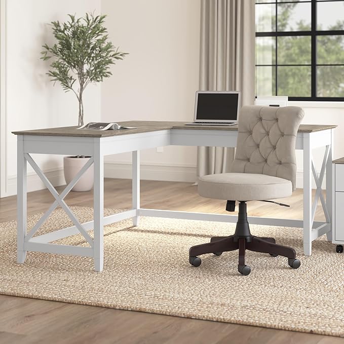 Bush Furniture Key West 60W Modern Farmhouse L Shaped Desk in Pure White and - Image 2