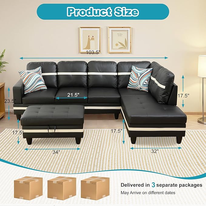 Couches for Living Room PU Leather L Shaped Couch Comfy 3 Pieces Sectional Sofa - Image 2